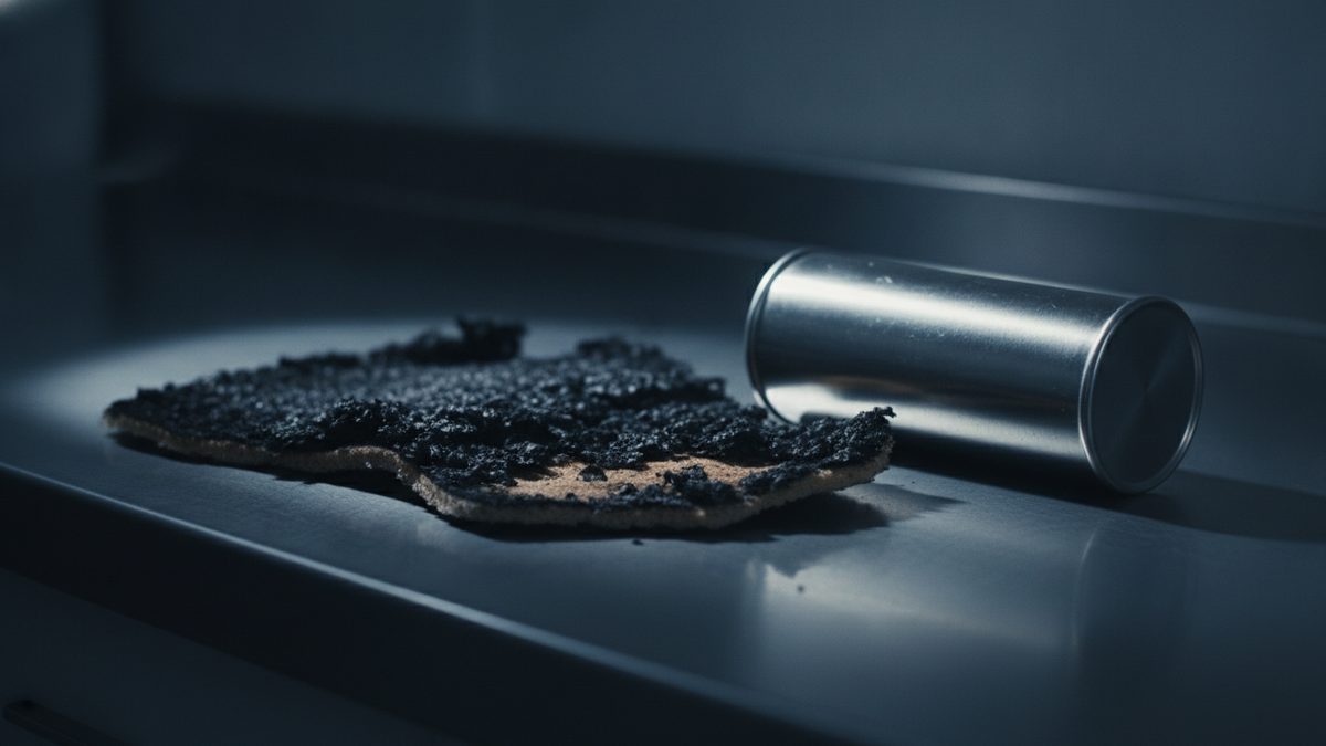 A charred, blackened fragment of material with a tan backing lies on a dark metal countertop beside a silver cylindrical can resting on its side, in dim, cool light.