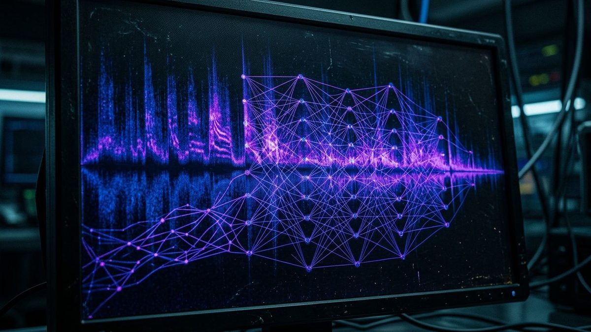 A computer monitor in a dim room full of cables displays a glowing blue and purple spectrogram, with a web of connected nodes and lines drawn over its right side.