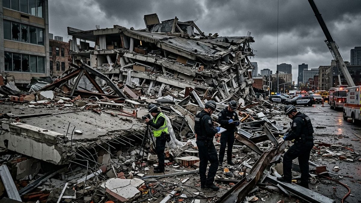 A partly collapsed multistory concrete building with sagging, stacked floor slabs and exposed rebar sits amid rubble on a wet city street, where uniformed investigators, one in a high-visibility vest behind a camera on a tripod, examine the debris while police cars, fire trucks, an ambulance and a crane stand by under a dark, stormy sky.