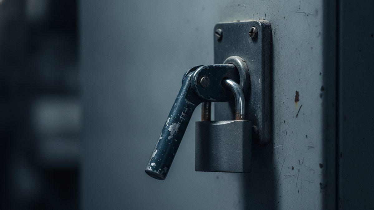 Close-up of a steel padlock locked through the loop of a chipped, dark blue lever handle mounted on a screwed metal plate on a scuffed gray cabinet door, with the left side of the frame falling into dark blur.