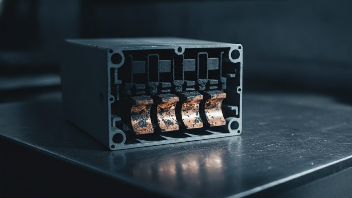 A dark gray rectangular housing, open at one end to show four soot-blackened copper contacts in a row, sits on a scratched metal tabletop against a dark, blurred background.