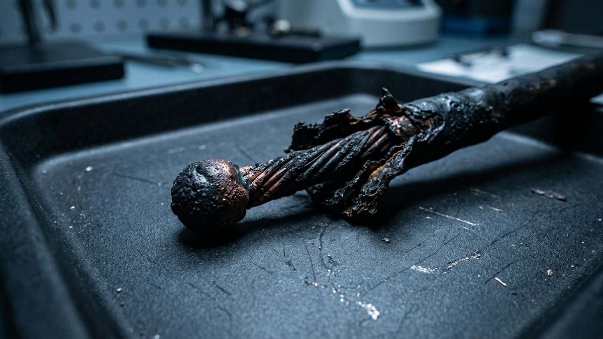 A fire-damaged stranded copper cable with its insulation burned back and a rounded, blackened bead of metal at its tip rests in a dark examination tray on a laboratory bench, with blurred equipment in the background.