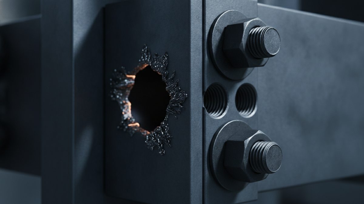 A close-up of a dark gray steel connection where a horizontal beam meets a vertical member, showing two large hex bolts with washers, two empty threaded bolt holes between them, and a ragged, slag-rimmed hole with glowing orange edges burned through the neighboring plate.