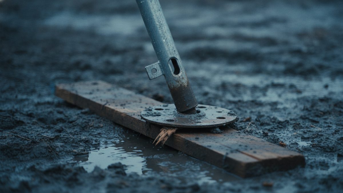 A close-up of a galvanized steel scaffold tube leaning at an angle on a round perforated base plate, which rests on a weathered wooden plank splintered at one edge and laid on dark, wet mud beside a shallow puddle.