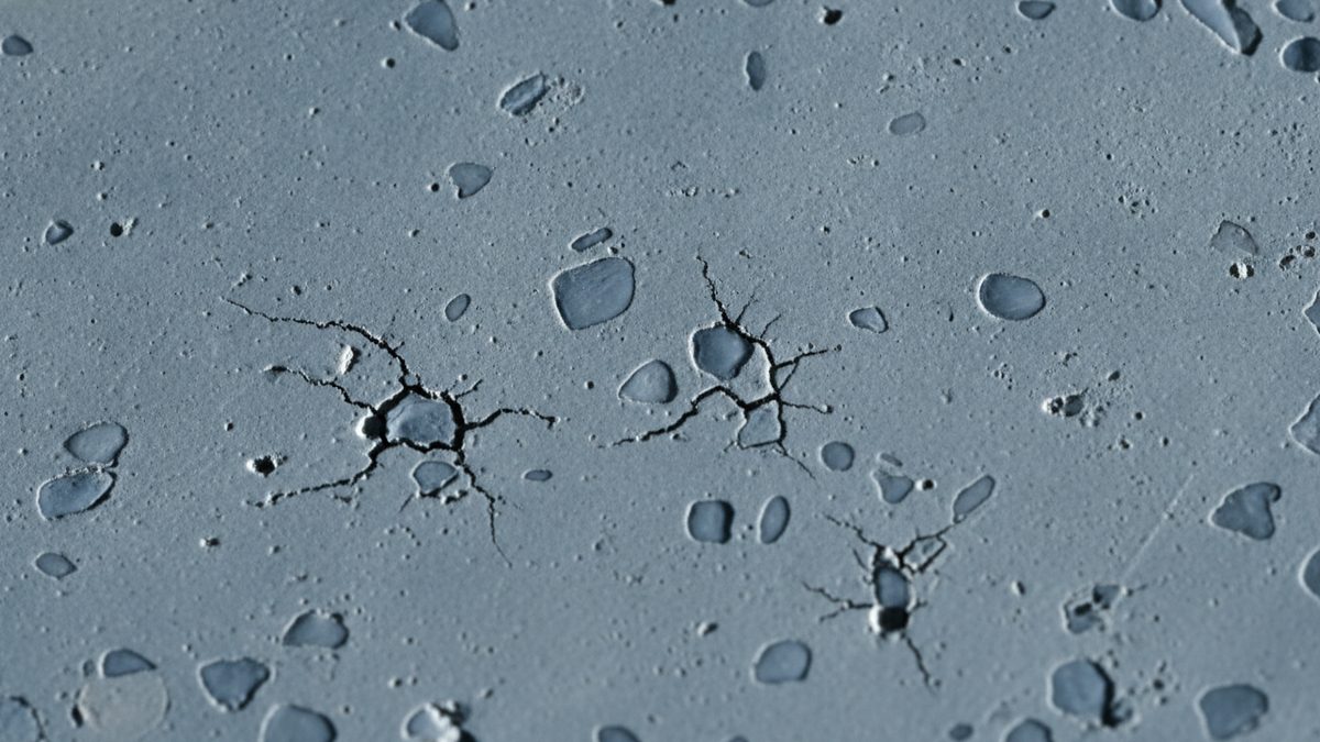 A close-up of a pale gray, finely pitted surface scattered with smooth rounded inclusions, with thin dark cracks radiating outward from three of them near the center of the frame.