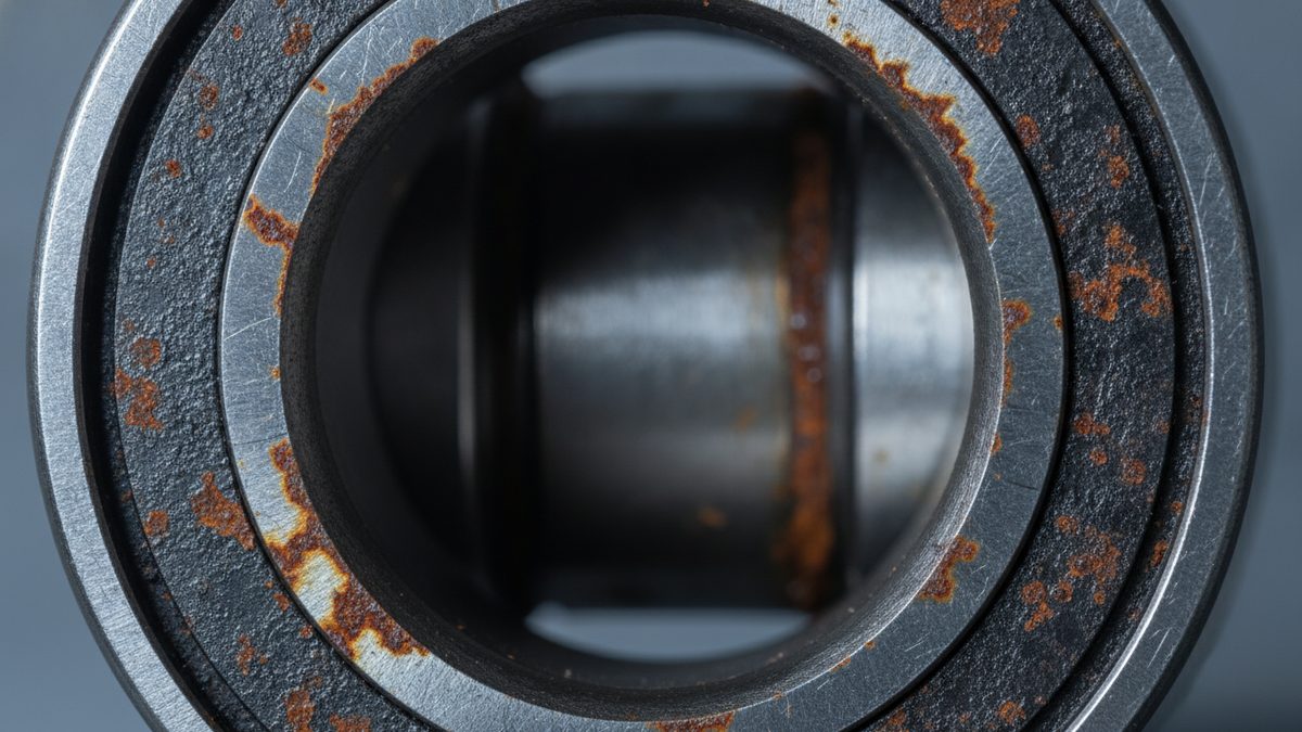 A close-up, head-on view of a steel bearing with orange rust spots across its polished rings and dark seal face, looking through the bore at a blurred metal cylinder against a gray background.
