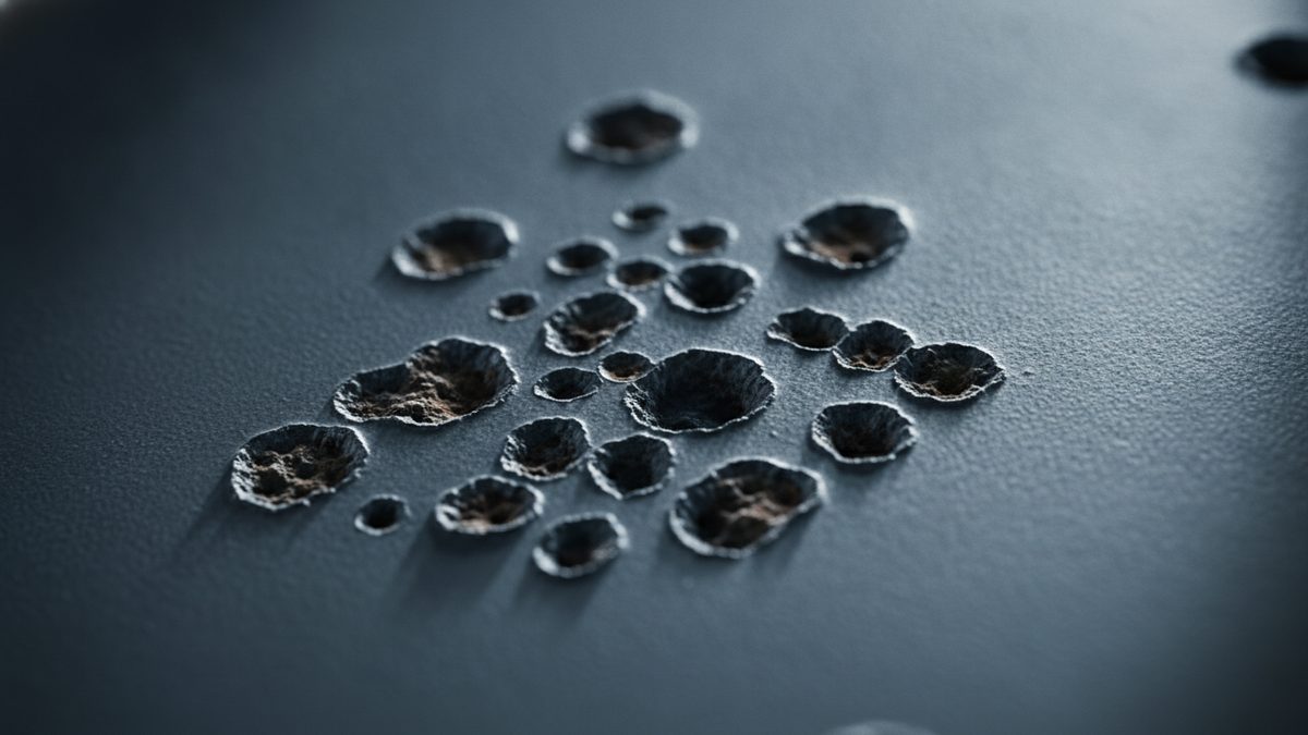 A close-up of a smooth blue-gray metal surface with a cluster of round, crater-like pits of varying sizes, their dark interiors lined with brown corrosion product, photographed at a low angle with shallow focus.