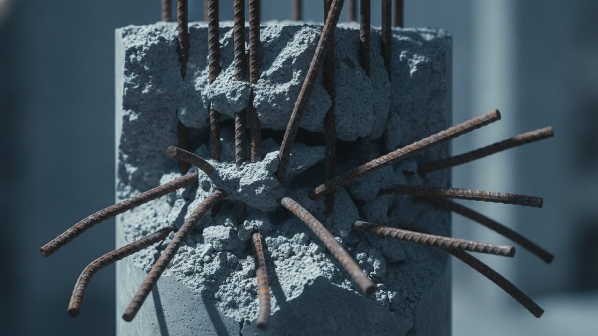 A close-up of a gray concrete column whose concrete has crumbled away around its middle, exposing rusty vertical reinforcing bars that rise above its top and a ring of bent bars splaying outward in all directions, set against a blurred blue-gray background.