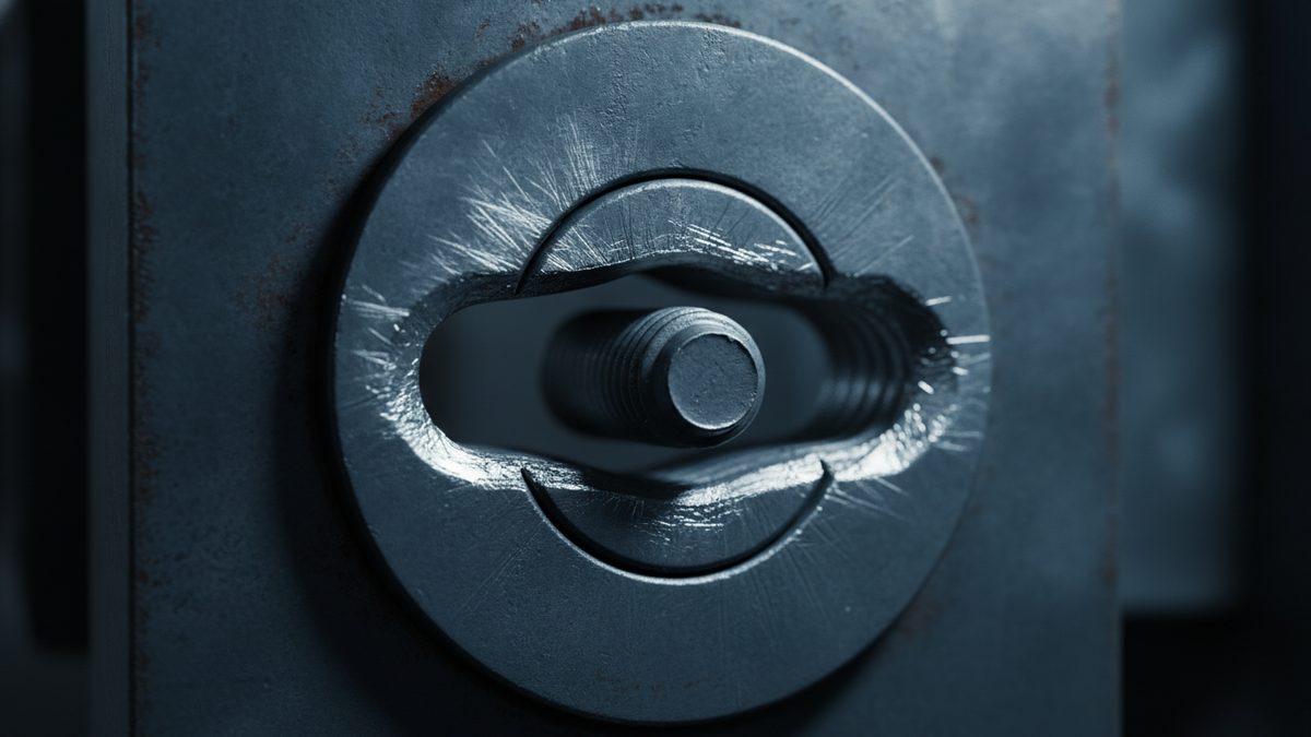 A close-up of a round steel washer on a rust-flecked, blue-gray steel plate, with a ragged, elongated slot torn through its center that exposes the threaded end of a bolt, and bright scratch marks radiating outward from the edges of the slot.