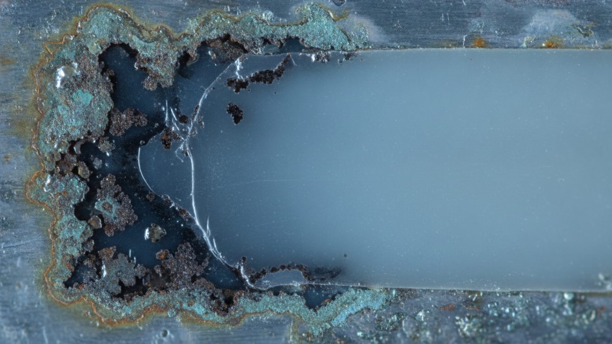 A macro photograph of a smooth, pale blue-gray strip lying on a scratched metal surface, its left end cracked and ringed by crusty turquoise and rust-brown corrosion.