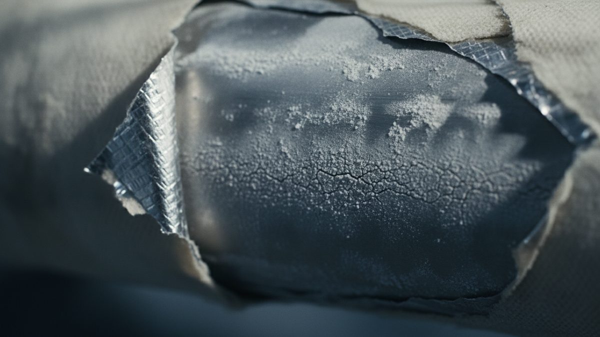A close-up of a ragged hole torn through a beige fabric wrapping and a crinkled silver foil layer, exposing a dark gray metal surface dusted with white powdery deposits and marked by a network of fine, branching cracks.