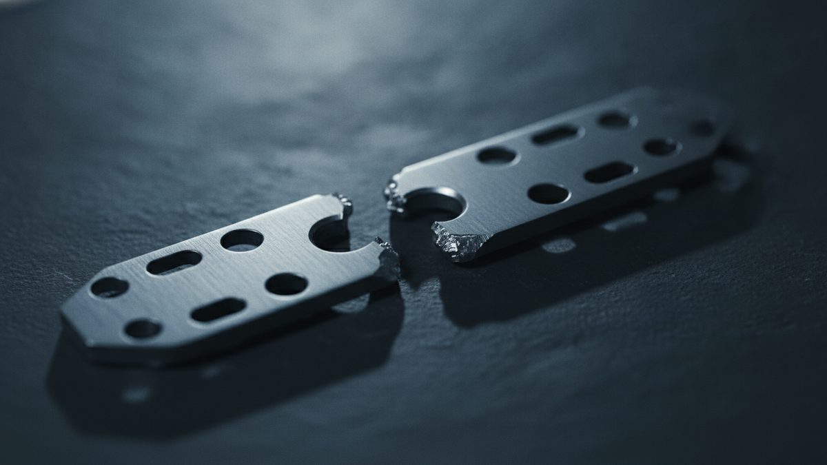Two halves of a broken metal plate with round and slotted holes lie on a dark, textured surface in cool, low light, with a jagged break running through one of the round holes.