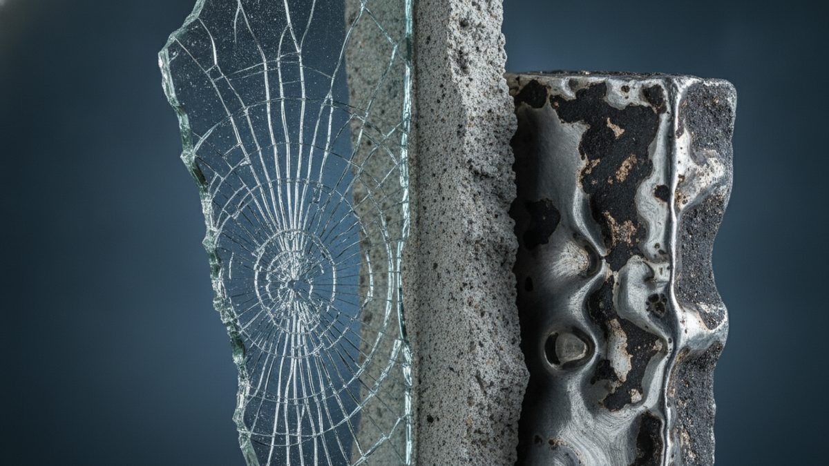 A cracked pane of glass with a spiderweb of radial and concentric fractures, a rough-edged slab of gray concrete, and a column of rippled, partly blackened silvery metal stand side by side against a dark blue-gray background.