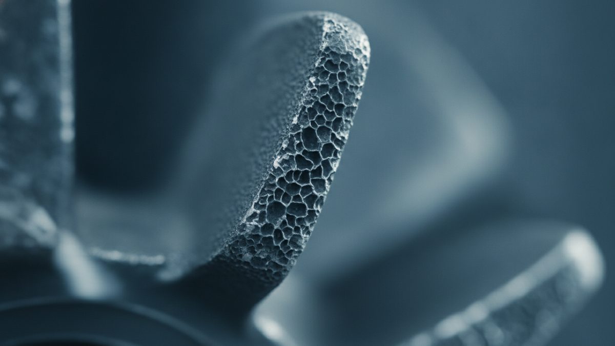 A close-up, blue-gray photograph of a curved metal vane whose thick edge is eaten into a honeycomb of deep, irregular pits, with more vanes and a rounded hub blurred in the background.