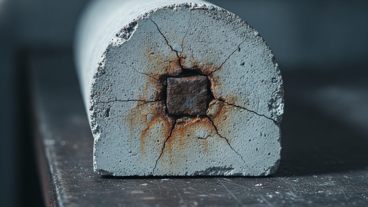 A close-up of the cut end of a rounded gray concrete specimen resting on a dark, scratched metal surface, with a rusted square steel bar embedded at its center, orange rust stains spreading around and below the bar, and dark cracks radiating from the bar out to the edges of the concrete.