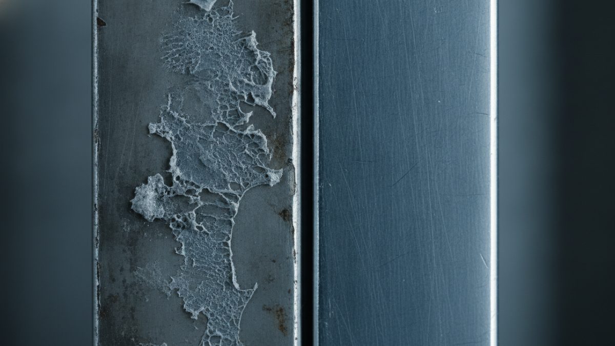 Two vertical strips of scratched gray metal stand side by side against a dark, blurred background, the left strip carrying a lacy, whitish residue and small rust spots and the right strip bare and clean.