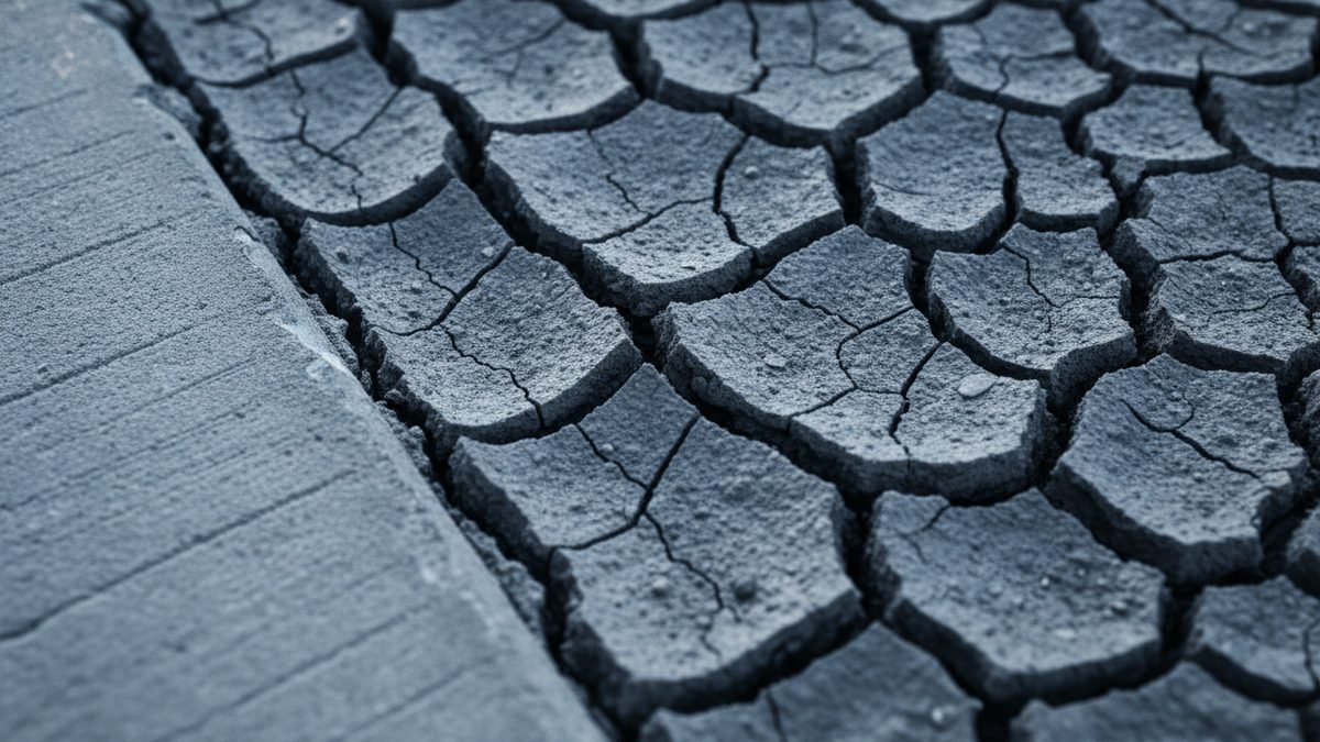 A close-up of dry gray soil split by a network of deep cracks into polygonal plates, lying against the straight edge of a concrete slab on the left.