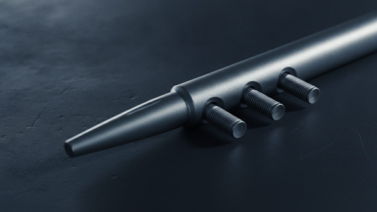 A close-up of a brushed gray metal rod with a tapered tip lying diagonally across a dark, textured slate surface, with three threaded bolts protruding from evenly spaced holes along its side under soft, low light.