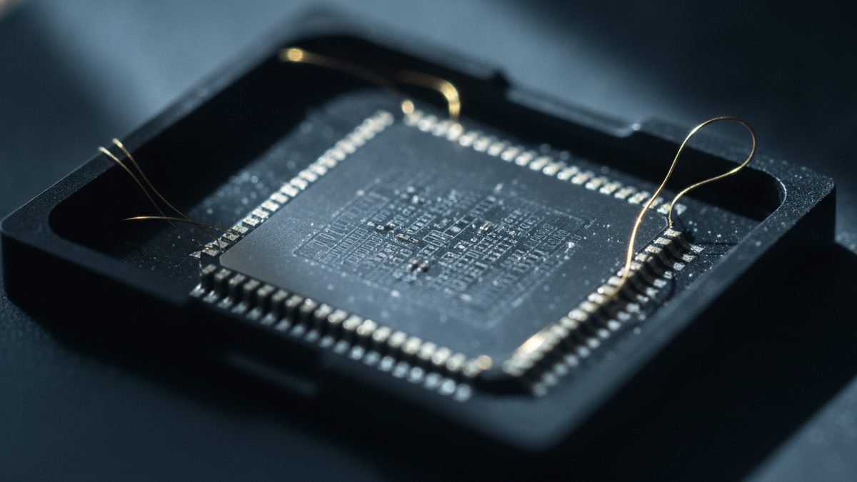 A close-up of an open black chip package with a square die at its center, rows of small metal contacts along its edges, and thin gold bond wires curling loose over the package, set against a dark blue-gray background.