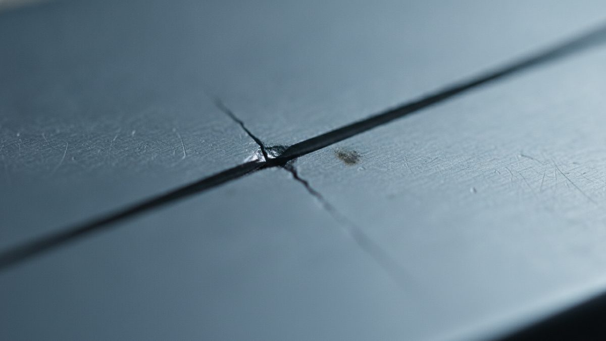 A shallow-focus macro close-up of a finely scratched blue-gray metal surface, with a straight dark groove running diagonally across the frame and a thin, jagged crack crossing it at a small, bright chipped point beside a small dark spot.