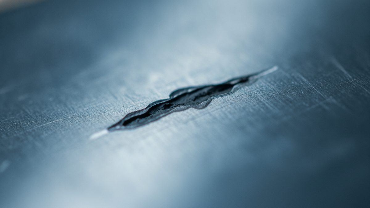A close-up of a dark, jagged crack running diagonally across a brushed blue-gray metal surface, with the rest of the surface fading out of focus.