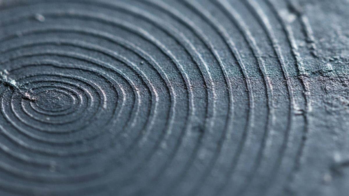 A macro close-up of a dark blue-gray, finely grained surface marked by raised concentric ridges that ripple outward from a point at the left of the frame, with the ridges and a rougher, pitted texture at the right blurring out of focus.
