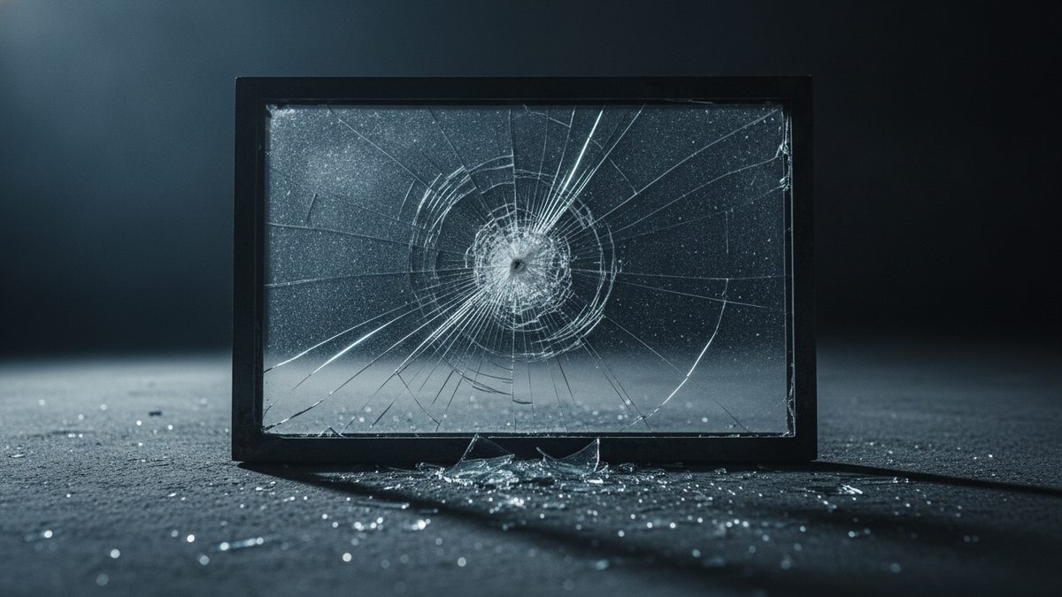 A pane of glass in a dark rectangular frame stands upright on a dark, gritty floor, its cracks radiating from a small hole at the center, with broken shards and glittering fragments scattered at its base under dim, cool light.