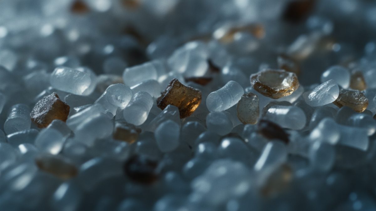 A close-up of a heap of translucent, frosted white pellets in cool bluish light, with a few amber and dark brown pellets scattered among them and the foreground and background blurred by a shallow depth of field.