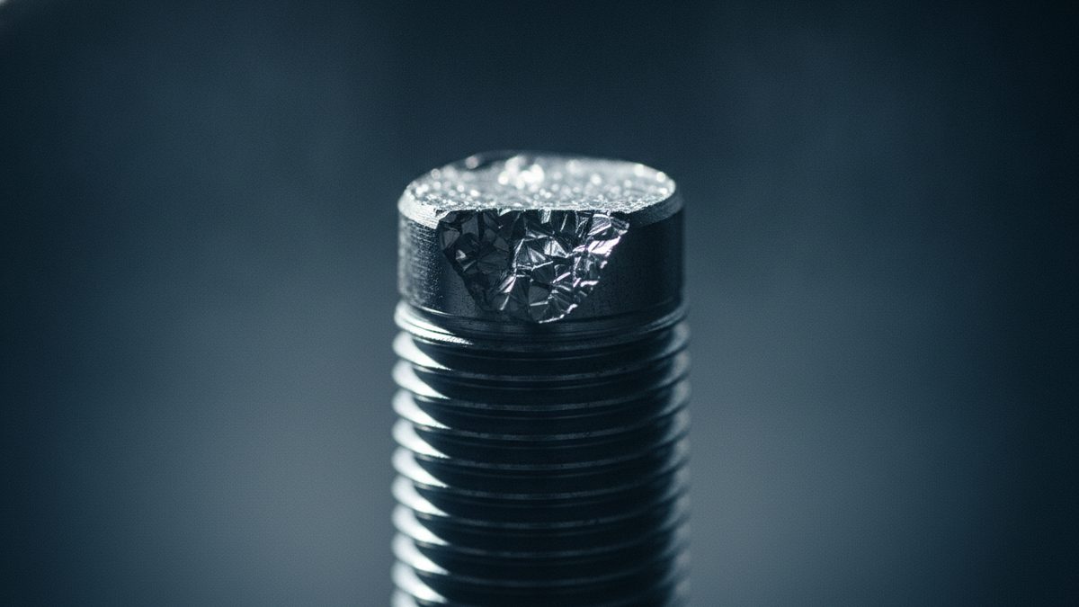 A macro close-up of the upper end of a threaded steel bolt standing upright against a blurred dark blue-gray background, its flat top face lightly granular and a chipped-away section at the front edge revealing a bright, faceted, crystalline-looking surface.