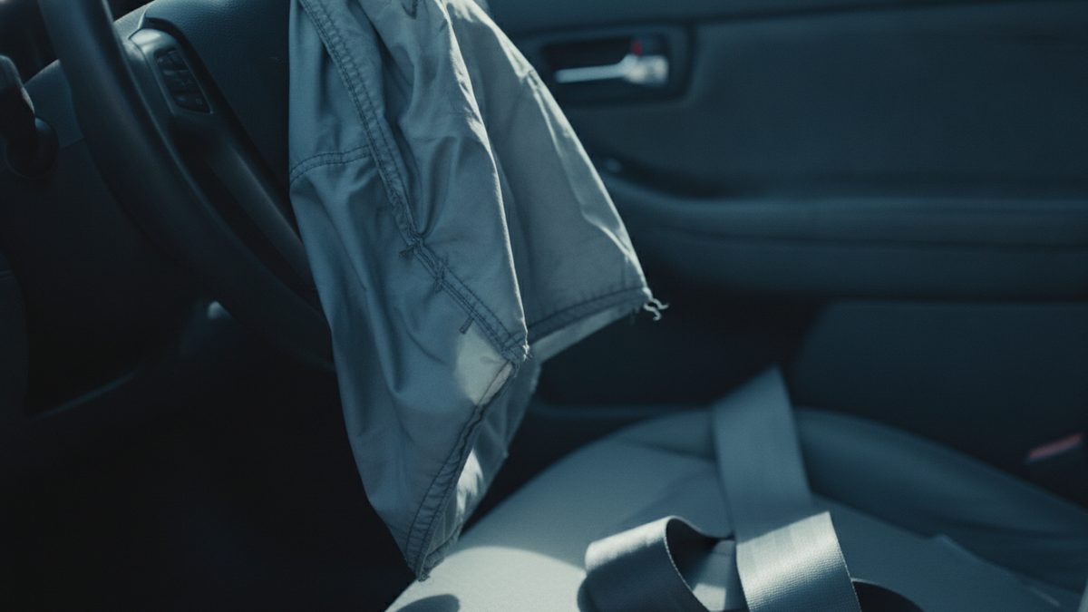 A deflated airbag hangs from the steering wheel of a car beside a light gray seat, with a gray seat belt lying slack across the seat cushion and a dark door panel with its handle in the background, in dim, cool light.
