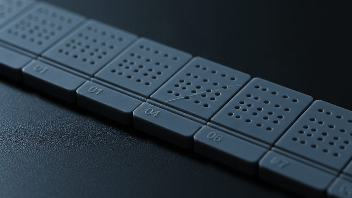A close-up of a row of identical gray plastic parts with perforated tops lying on a dark textured surface, each with a tab molded with a number such as 01, 04 and 06, and one part near the middle of the row showing a thin diagonal crack running across its pattern of holes.