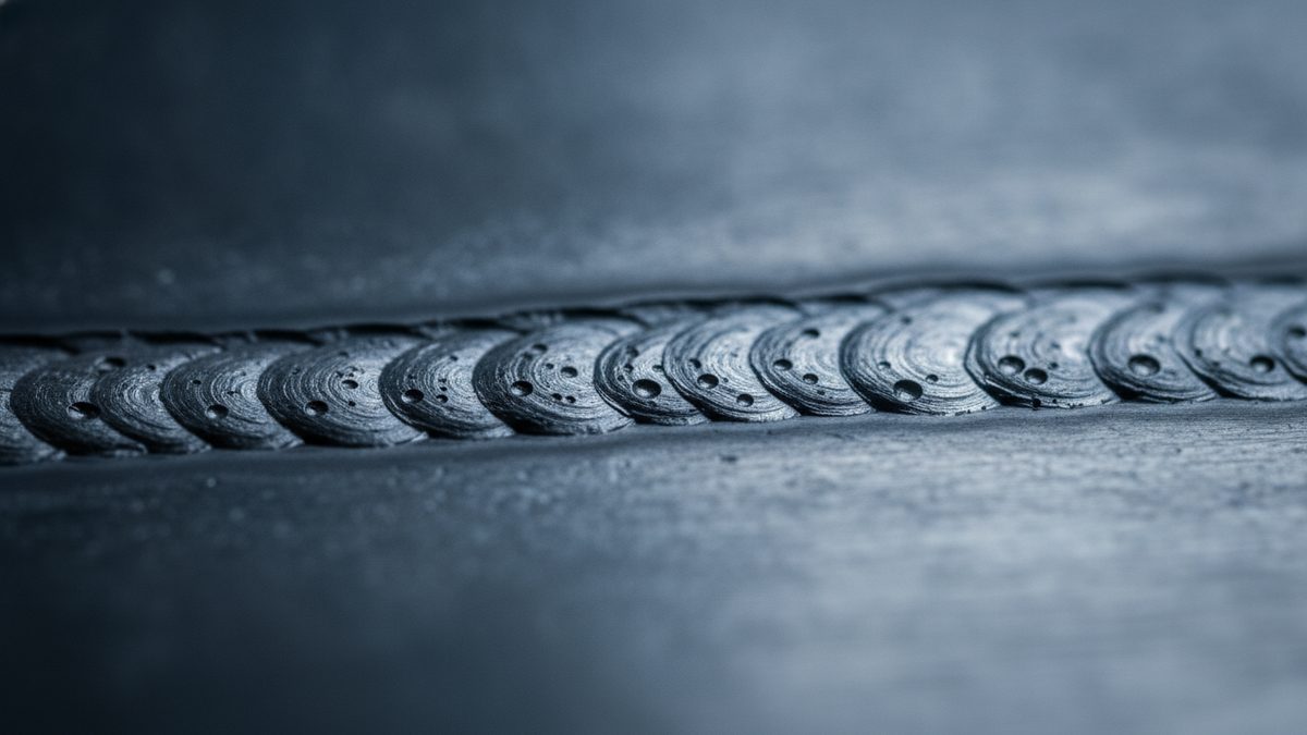 A shallow-focus close-up of a blue-gray weld bead running horizontally across a steel plate, its overlapping circular ripples pitted with small round pores, with the plate surface blurred above and below it.