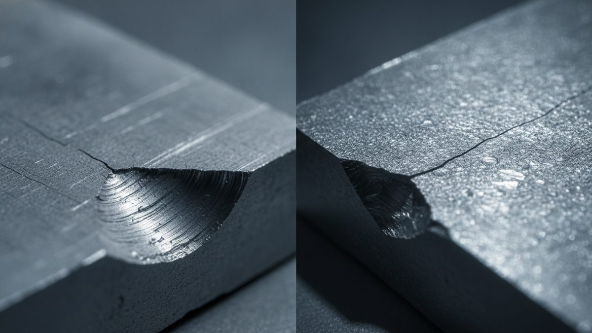 A split image of two close-ups of gray metal plate edges in cool blue-gray light: on the left, a smooth plate with faint scratches has a curved, shiny, ridged scoop broken out of its edge with fine cracks running from it, and on the right, a speckled, granular plate has a thin dark crack running diagonally to a smaller, dark, rough-edged break at its edge.