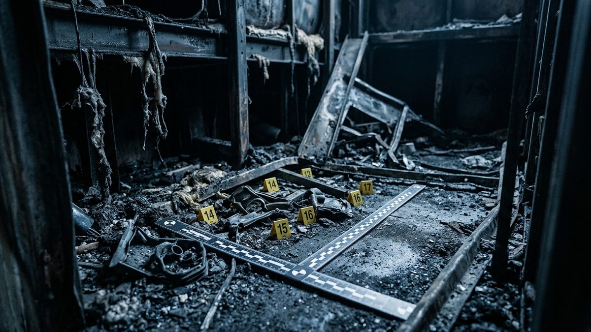 Charred debris covers the floor of a burned-out narrow room lined with blackened shelving and hanging fibrous remnants, where yellow numbered evidence markers 13 through 17 and a black-and-white L-shaped photographic scale sit beside burned metal objects, with a collapsed metal frame in the background.