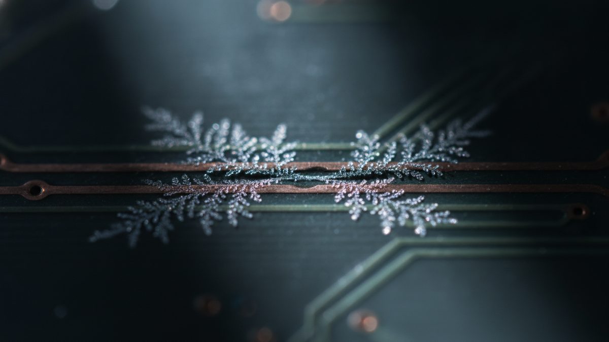 A close-up of a dark circuit board in low light, with two parallel copper traces running across the middle of the frame and silvery, fern-like branching deposits spreading over and between them, while fainter traces and small plated holes fade into blur toward the edges.