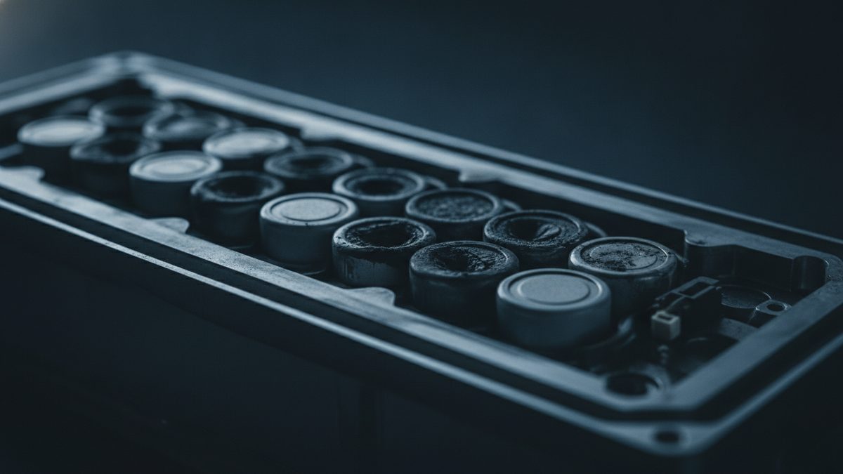 A close-up of an open, dark metal housing holding rows of cylindrical cells, several with blackened, cratered tops beside others with intact silver caps and a small white connector in one corner, set against a dark blue-gray background in dim light with shallow focus.