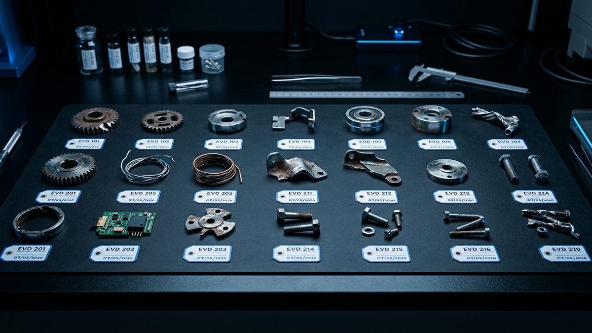 Rows of salvaged parts — rusted gears, bearings, coiled wire, bent brackets, bolts and a small green circuit board — lie on a dark mat, each above a white label numbered EVD, with small labeled vials, tweezers, a steel ruler and calipers along the back of the table.