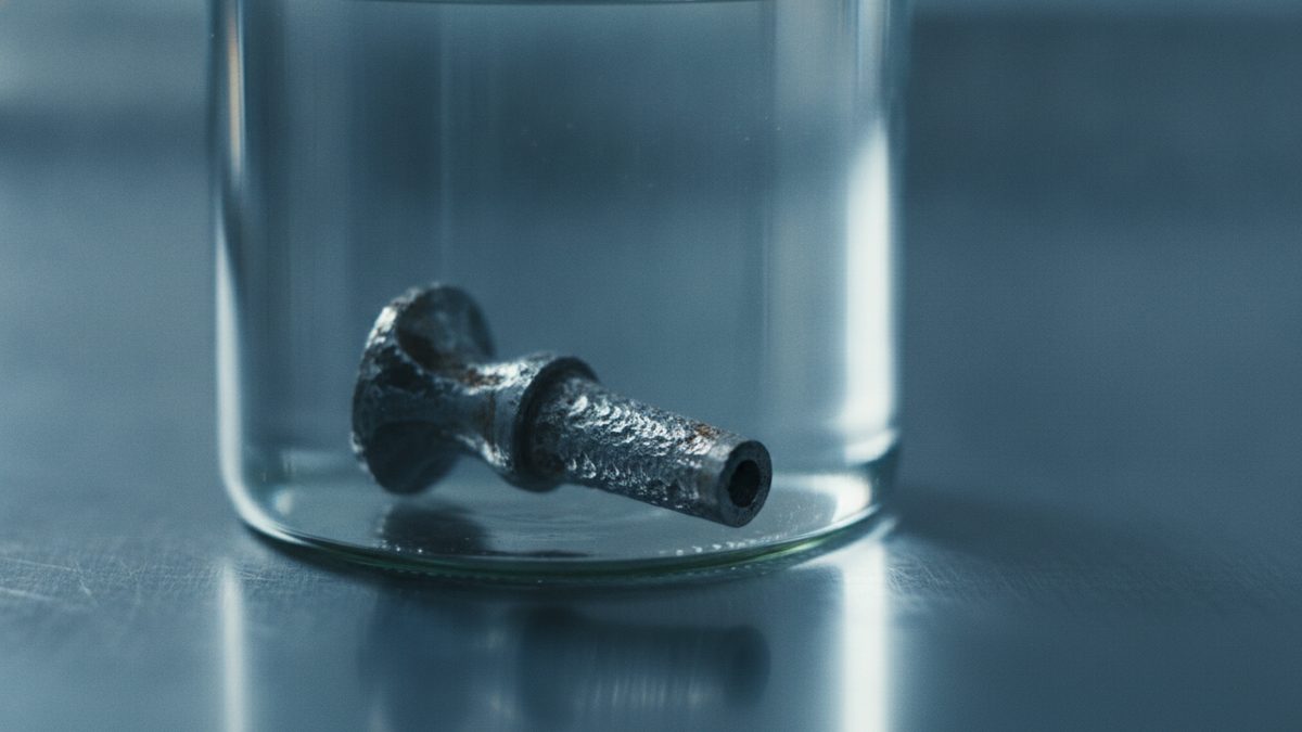 A corroded, pitted metal component with a flared head and a hollow cylindrical shaft lies on its side at the bottom of a clear glass jar on a brushed steel surface, lit in cool blue-gray tones.