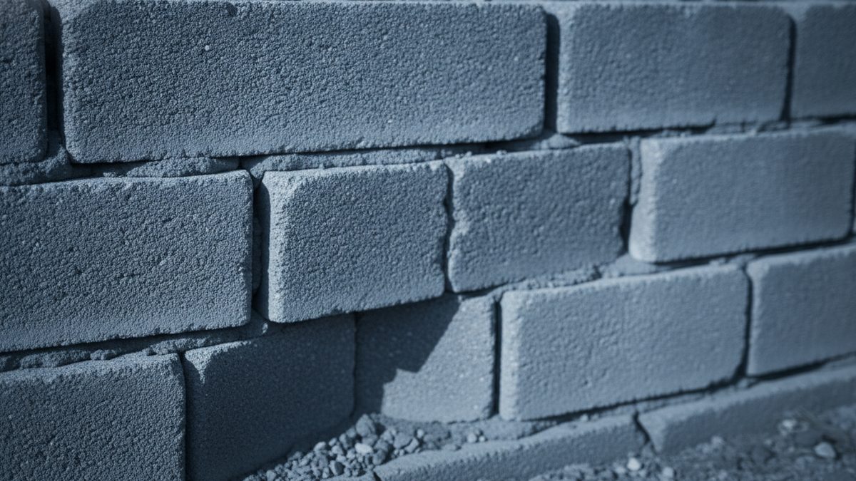 A low-angle close-up of a wall of rough-textured gray concrete blocks laid in staggered courses with uneven joints, some blocks sitting slightly forward of their neighbors, and loose gravel along the base, all in cool blue-toned light.