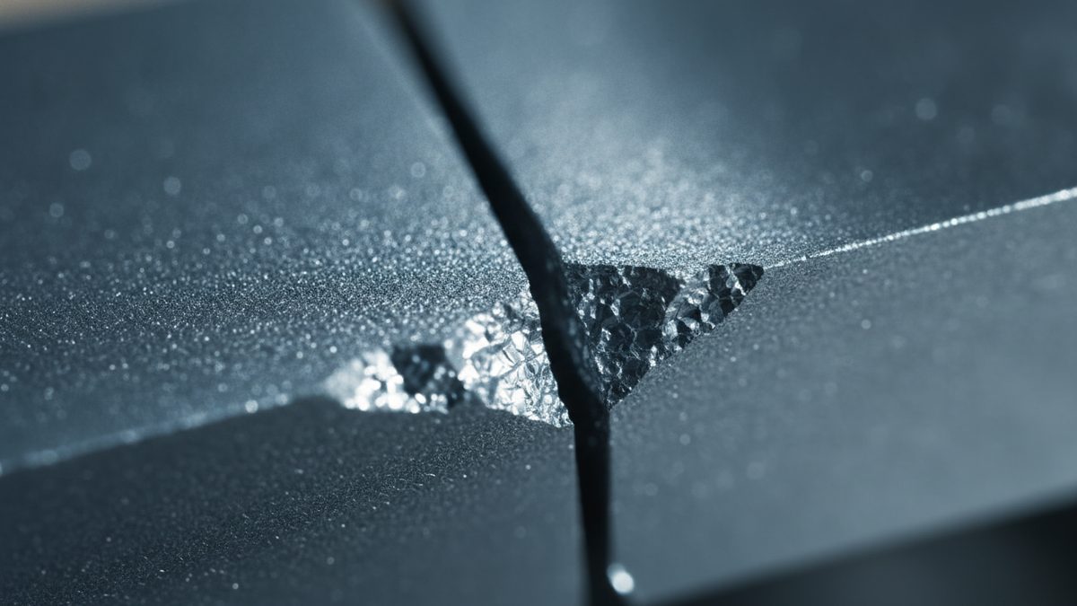 A macro photograph of a finely textured, blue-gray metal surface split by a dark crack running from top to bottom, where a small wedge of material has broken away at a seam to expose bright, glittering, faceted crystalline metal, with the edges of the frame falling out of focus.