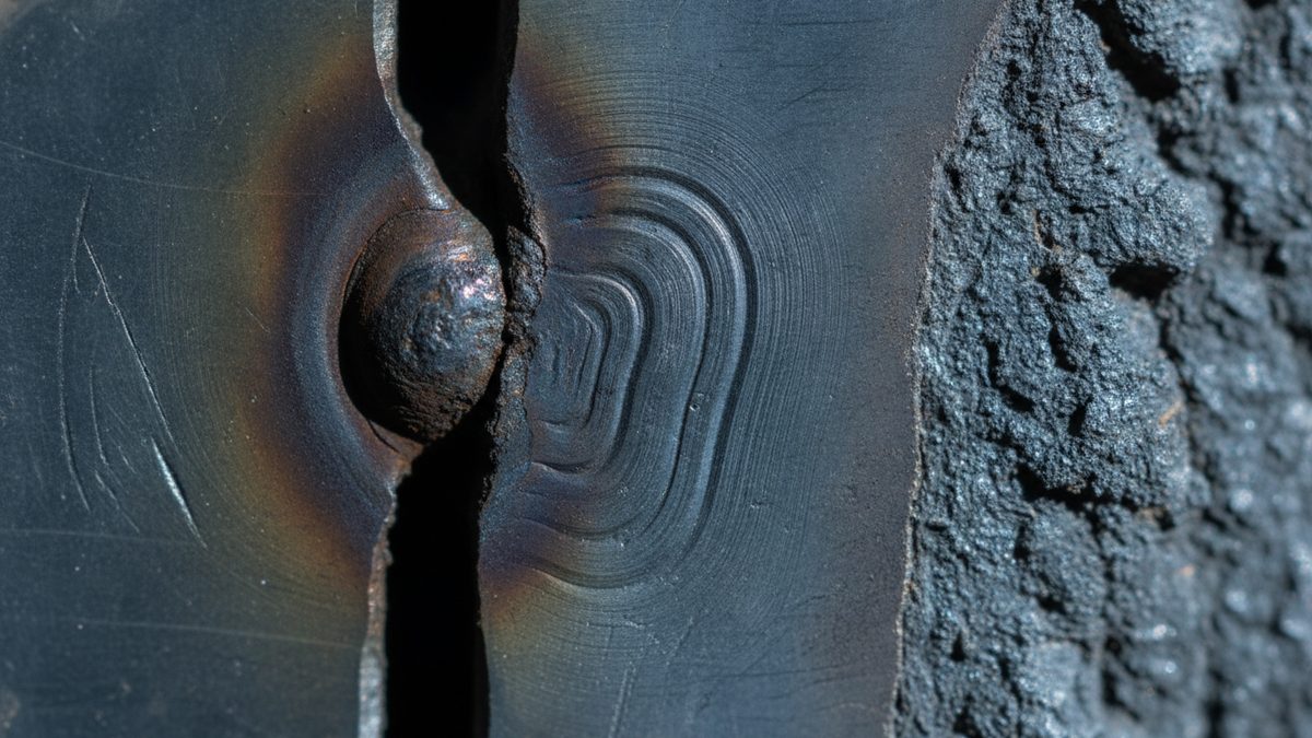 A close-up of a fractured steel plate split by a dark vertical gap, with a rounded weld bead at the edge of the crack, concentric curved ridges fanning across the smooth, heat-tinted metal beside it, and a rough, dark, granular surface along the right side of the frame.