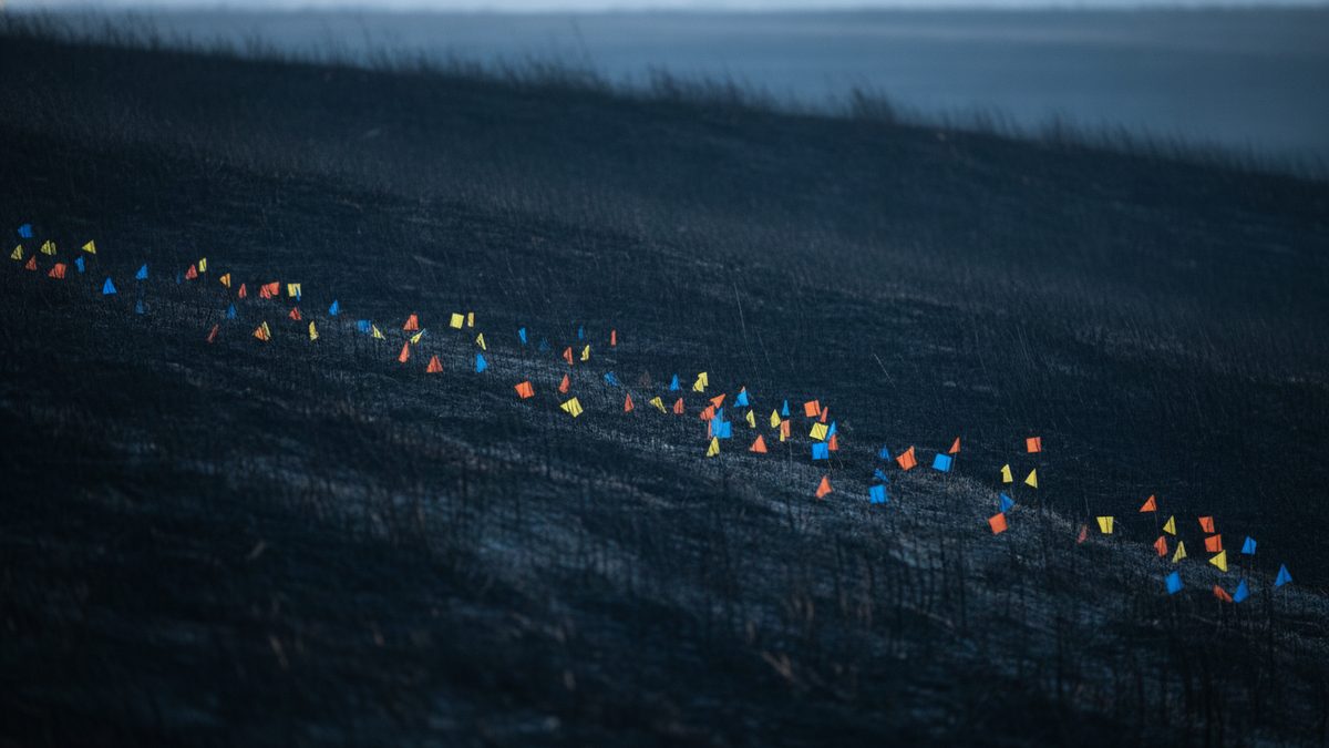 Dozens of small orange, yellow and blue marker flags on thin stakes run in a diagonal band across a blackened, burned grassy hillside in dim light, with a hazy slope out of focus in the background.
