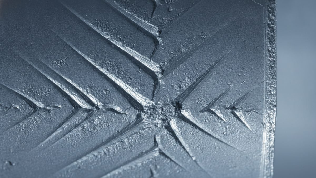 A close-up of a blue-gray metal fracture surface covered in rows of V-shaped ridges that converge on a rough, granular spot near the center, with a raised, textured lip running down the right edge and a blurred gray background beyond it.