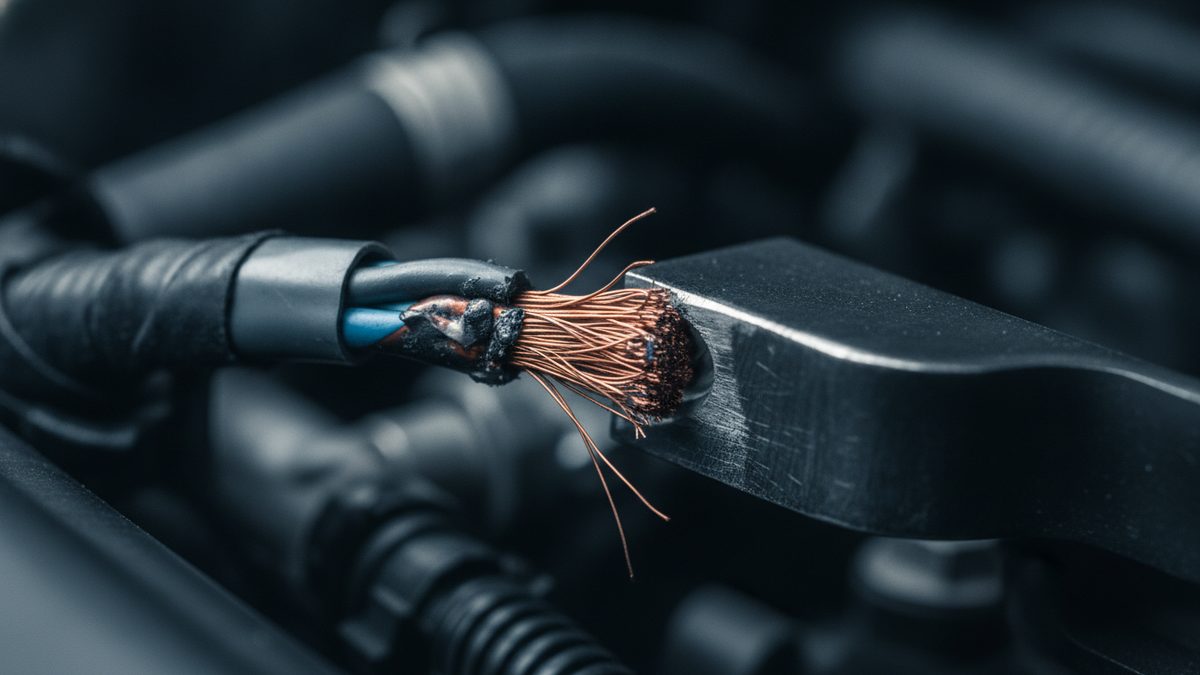A close-up of a black wiring harness in a dark engine bay, where one cable’s blue and black insulation is scorched and worn through and a frayed bundle of copper strands splays out against the edge of a scuffed metal bracket, with blurred hoses and components behind.