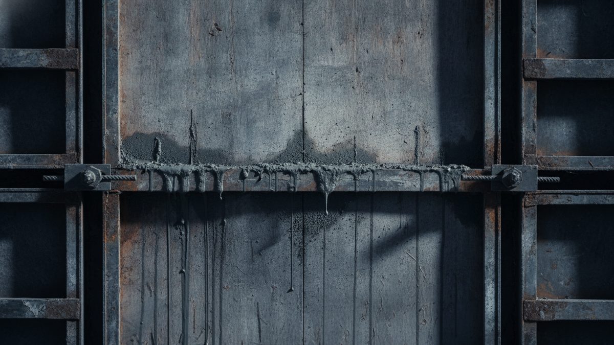 A close-up of a weathered, gray formwork panel framed by rusted steel members, with a horizontal steel waler fastened at each end by threaded tie rods and hex nuts, and wet gray concrete oozing from the joint above it and dripping in streaks down the panel face below.