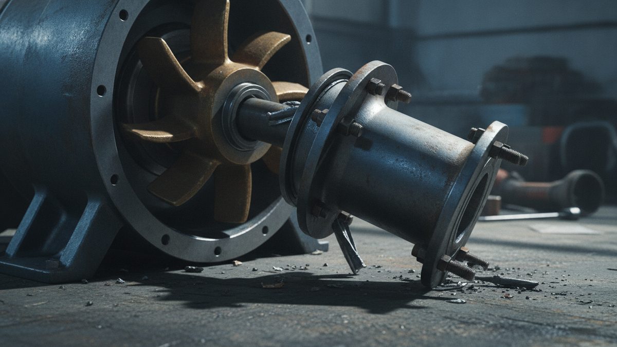 A dark steel pump casing sits on a concrete floor with its front open to show a bronze-colored impeller, its shaft running into a tilted, stud-bolted cylindrical housing that rests on the floor among scattered metal fragments, with blurred pipes and a hand tool in the dim background.