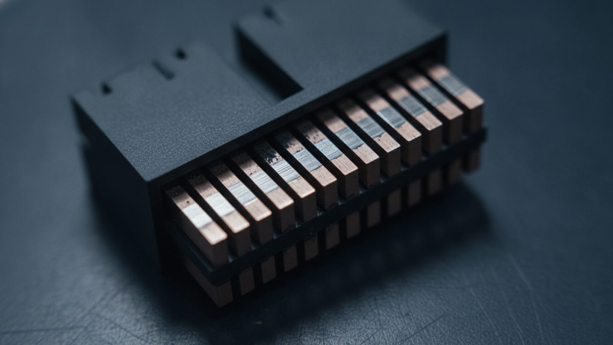 A close-up of a black plastic multi-pin connector lying at an angle on a dark, scratched gray surface, with a silvery band across the middle of each flat copper-colored contact blade in its upper row, some bright and brushed, while the lower row of short copper stubs is plain and the background falls out of focus.