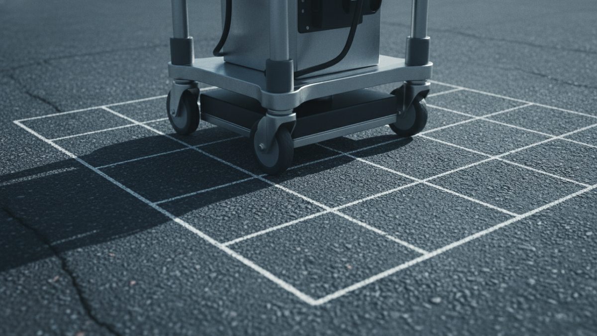 A gray metal equipment cart on four small wheels, carrying an instrument box with black cables, stands on dark cracked asphalt marked with a grid of white lines, casting a long shadow to the left.