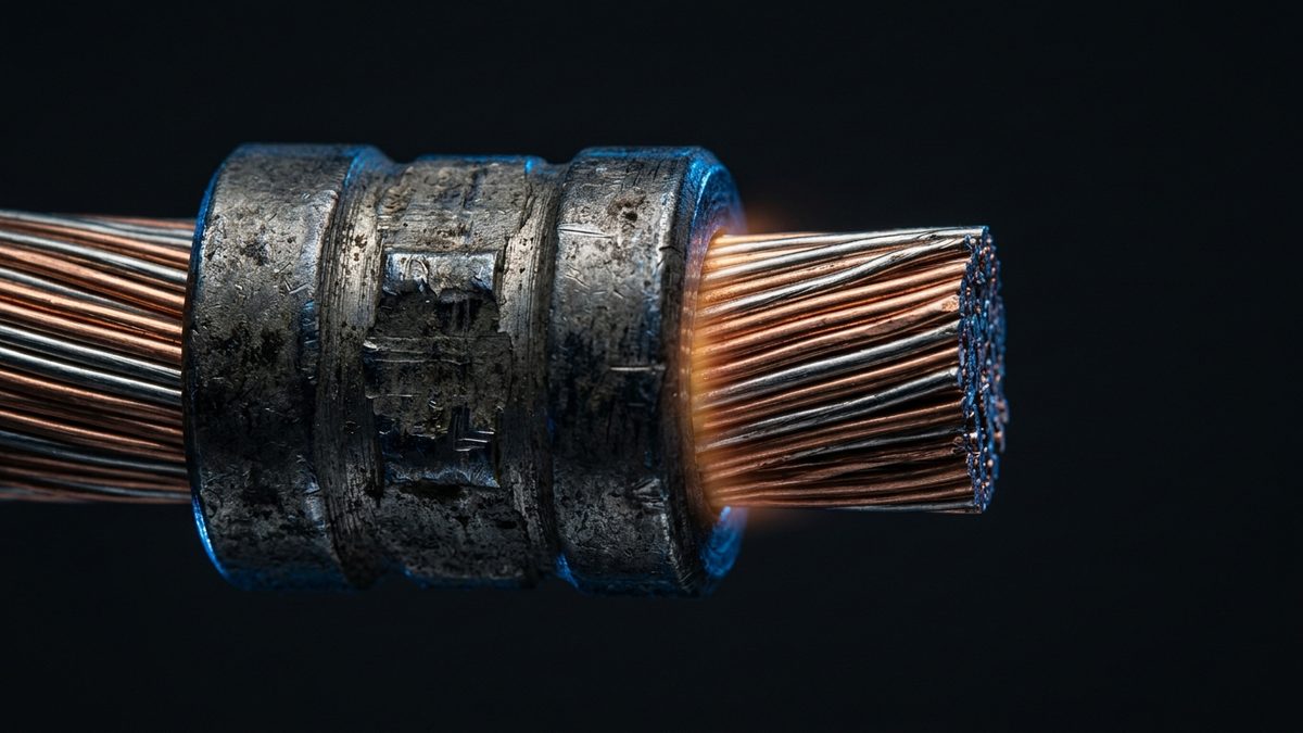 A close-up of a stranded copper conductor passing through a scuffed, dented metal crimp sleeve against a black background, with an orange glow where the strands emerge from the sleeve’s edge.