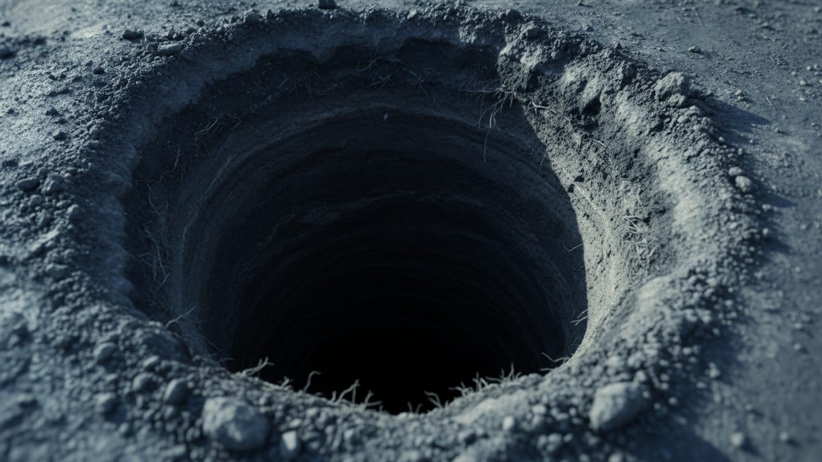 A deep, dark circular hole opens in bare gray soil, its crumbling rim littered with loose clods, small stones and fine exposed roots, seen at an angle from close range in cool, low light.